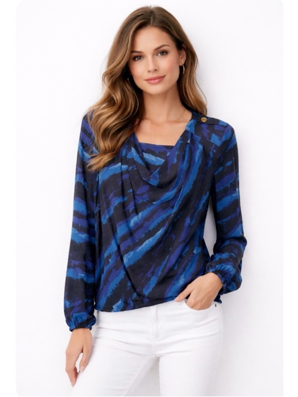 TORY BURCH Watercolor Silk Draped Blue Abstract Print Long-Sleeve Top Sz. 4